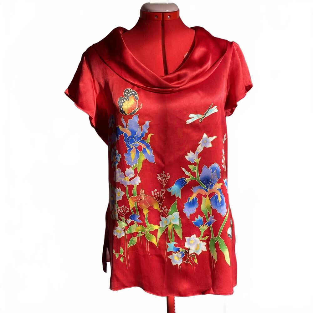 2 piece Texere Silk Hand Painted Luxury Women's S Red Floral Lounge Pajama Set